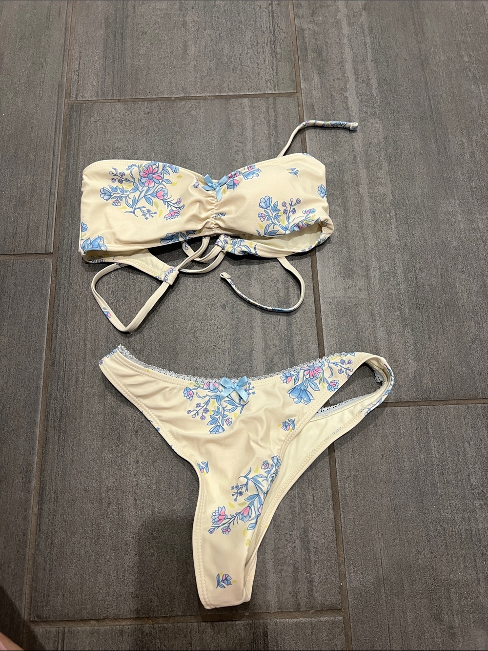 Floral Bandeau Bikini Set in Cream & Blue